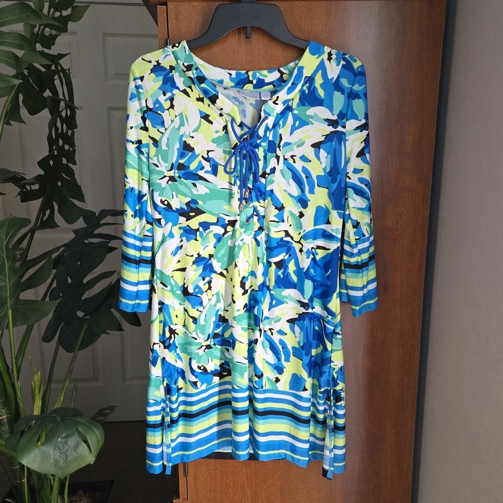 Blue & Green Floral Tie-Front Swim Coverup Tunic